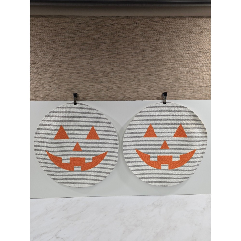 Halloween Farmhouse Placemats Set of 2 Jack-O-Lantern Stripe 15in Round